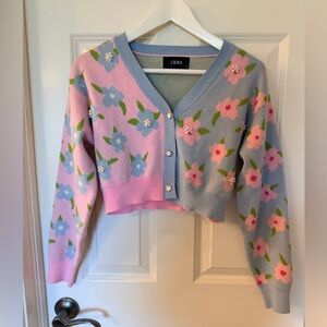 Cider Women's Floral Cropped Cardigan - Pink and Blue with pearl beading